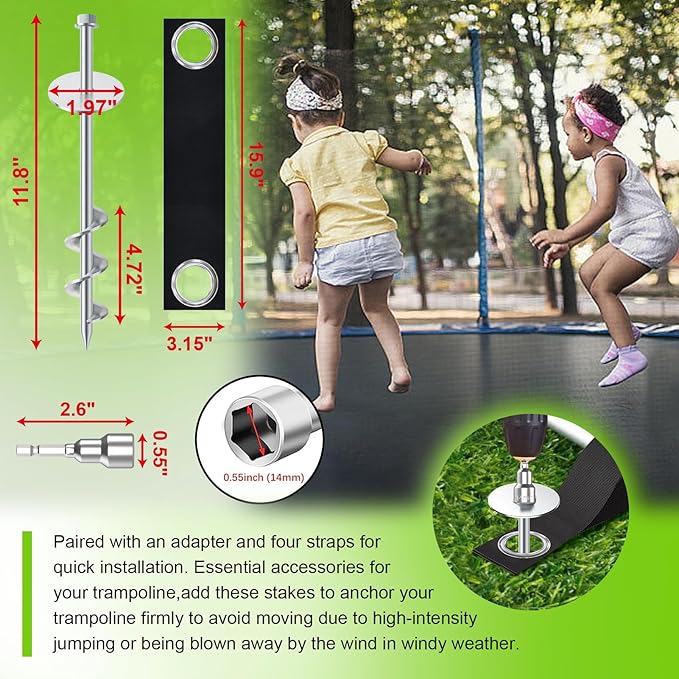 Eurmax USA Ground Anchors Screw in Trampoline Anchors High Wind Tent Stakes Heavy Duty Ground Stakes Trampoline Stakes Anchor Kit Set of 4 Bonus 4 Strong Belt (Silver)