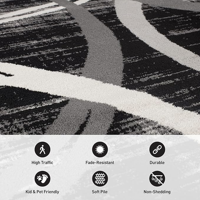 Rugshop Modern Wavy Circles Design Area Rug 10' x 14' Black