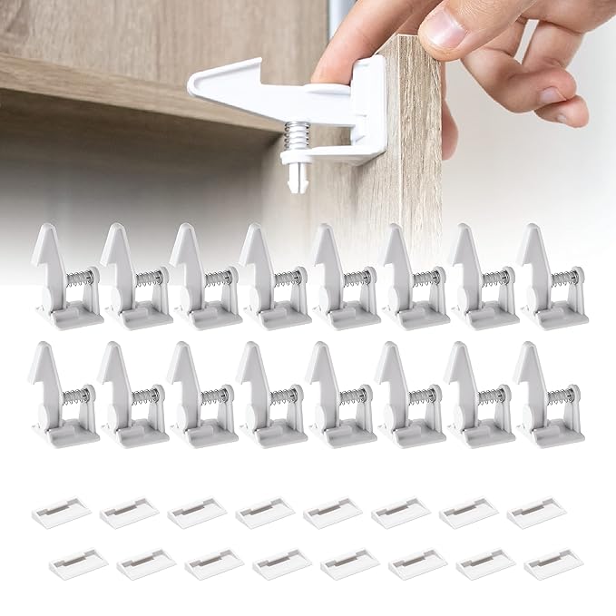 Inaya 16-Pack Cabinet Locks, Child Safety Latches - Baby Proofing Cabinets and Drawer Locks - 3M Adhesive - No Drilling & No Tools Required - Child Proof Your Home