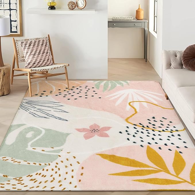 Lahome Pink Rug Machine Washable Area Rugs - 6x9 Non-Slip Large Living Room Rug Lightweight Throw Soft Carpet for Bedroom, Boho Botanical Print Ultra-Thin Indoor Rug for Classroom Nursery Dining Room