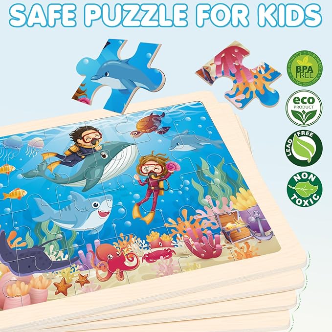 Wooden Animals Puzzles for Kids Age 3 4 5 Year Old, 4 Pack 24 Pcs Montessori Toddler Jigsaw Puzzles for Girl boy Activities Preschool Learning Educational Birthday Gift Travel Autistic Wooden Toys