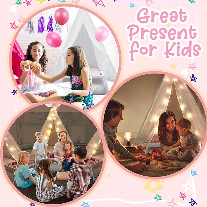 6 Pack Sleepovers Teepee Tent for Kids Bulk with Mattress Sheet Light,Natural Cotton Washable Indoor Play Tent for Birthday Slumber Party Girls Boys Pajama Movie Night Supplies(White)