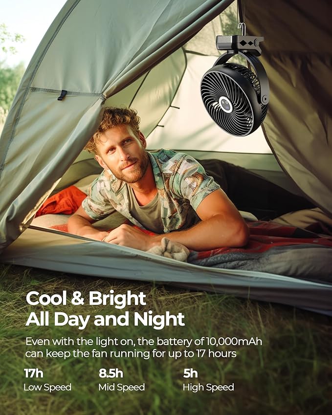 Koonie 10000mAh Portable Clip on Fan with LED Lantern and Hook, 8'' Battery Operated Desk Fan, Quiet Camping Fan with LED Digital Display, 360° Rotation & 3 Speeds for Travel Tent Gym Treadmill