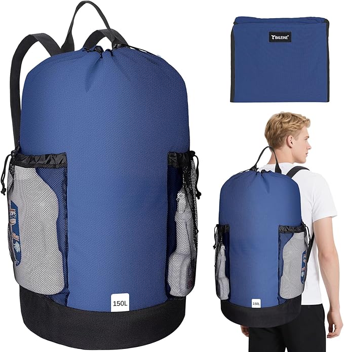 BALEINE 150L Laundry Bag Backpack, 900D Oxford Fabric Large Travel Laundry Bags with Shoulder Straps and 2 Mesh Pockets for College Dorm, Apartment, Laundromat (Navy, 150L)