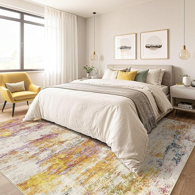 8X10 Area Rugs Living Room: Washable Large Abstract Modern Soft Stain Resistant Indoor Floor Rugs Non Slip Accent Carpet for Bedroom Nursery Playroom Office Dining Room Dorm Home House- Gold Colorful
