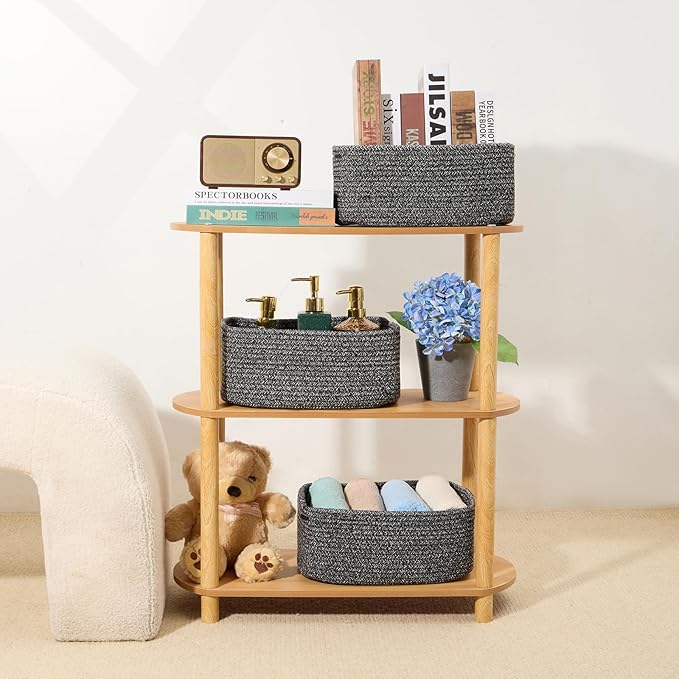 Small Storage Baskets for Organizing | Closet Organizer Bins | Shelf Toy Basket | Woven Rope Baskets | Cube Decorative Box | Shallow Basket | 13x8.5x5.1” | 3 Packs Dark Gray