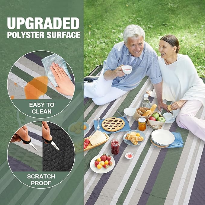 Picnic Blankets Outdoor Extra Large - 80"x80" Portable Waterproof Picnic Blanket, Machine Washable 3-Layer Foldable Picnic Mat with Sandproof Backing for Grass, Park, Hiking, Concerts (GreenStrip)