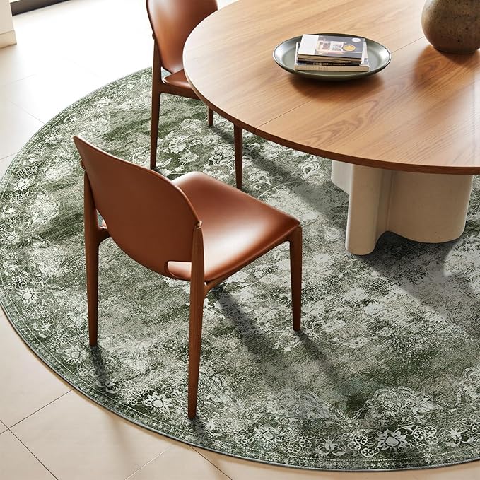 jinchan Round Rug 6ft Area Rug - Green Vintage Floor Mat Kitchen Indoor - Washable Circle 6' Thin Floral Print Carpet Retro Farmhouse Non Slip Dining Room Living Room Bedroom Office