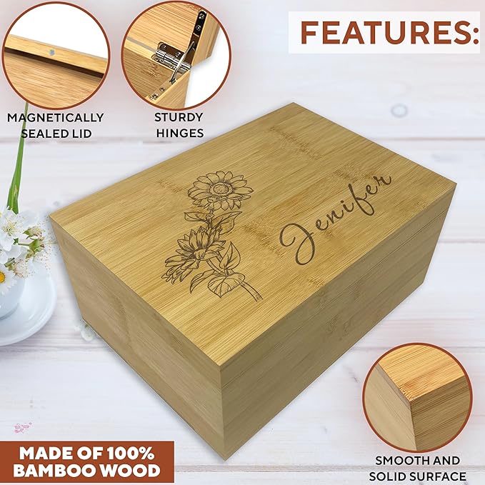 Floral Keepsake Boxes for Women - Butterfly Box Keepsake for Girls, Personalized Gifts for Teen Girls or Daughters, Flower Gift Box, Engraved Name Custom Wood Chest Memento Storage, 11x8x4,75 in