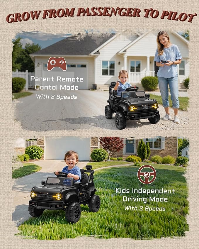 12V Ride on Toys for Kids, Licensed Ford Bronco Raptor Children Electric Vehicles, Toddler Battery Powered Car with Double Doors, 3 Point Safety Belt, Led Lights (12V, Black)