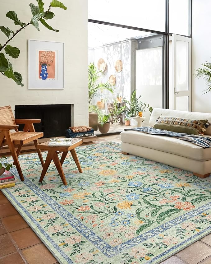 Wonnitar Boho Washable Rugs 8x10, Large Floral Rugs for Bedroom, 8 x 10 Soft Green Living Room Carpet, Non Slip Ultra-Thin Carpet for Kids Playroom Dorm Dining Room