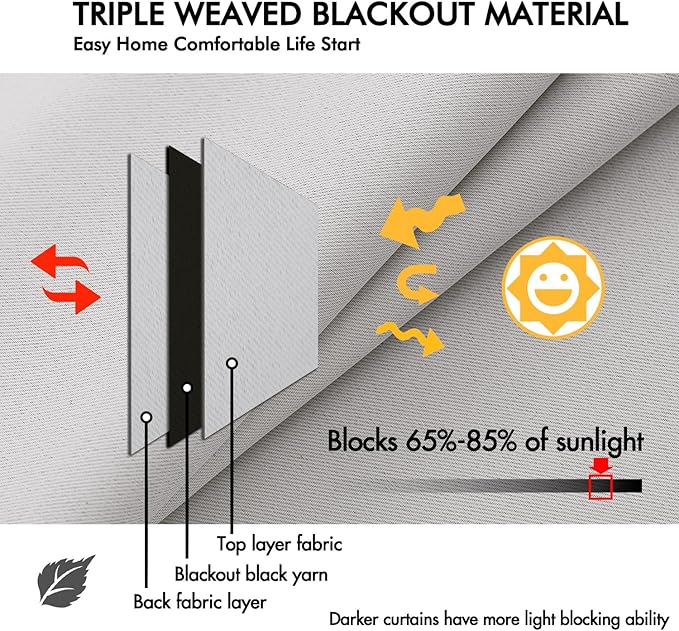 ANRODUO Back Tab Blackout Curtains for Bedroom Living Room, Rod Pocket Pinch Pleated Thermal Insulated Room Darkening Curtains 72 Inches Long 2 Panels, Greyish White, 42 x 72 Inch