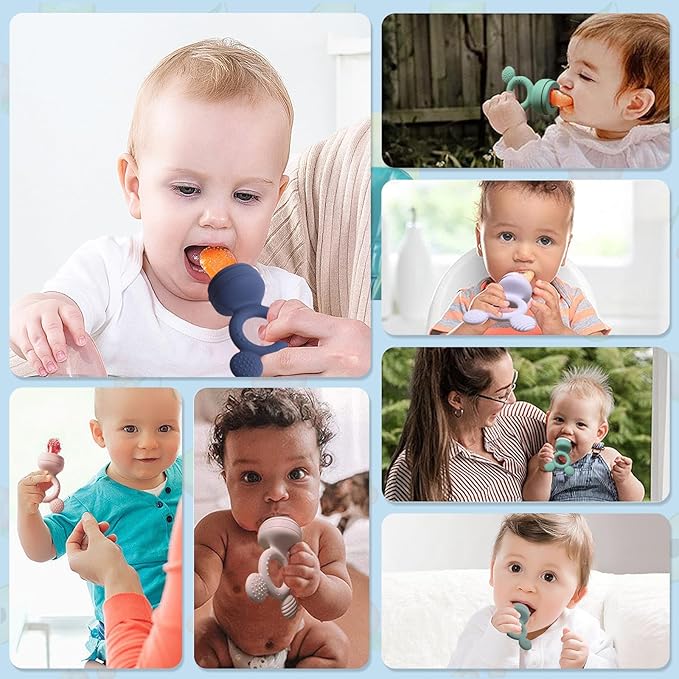 Baby Fruit Feeder, Frozen Teething Toys for Babies, Teether Pacifier with 3 Extra Teats, Eating Essentials, BPA Free Baby Feeding Supplies (Copper)