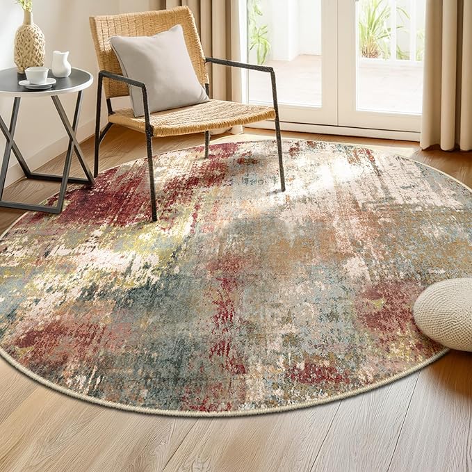 Washable Area Rugs 6ft Non-Slip Modern Abstract Soft for Living Room Entryway Bedroom Nursery, Print Pattern, Brown Rust Red Multi