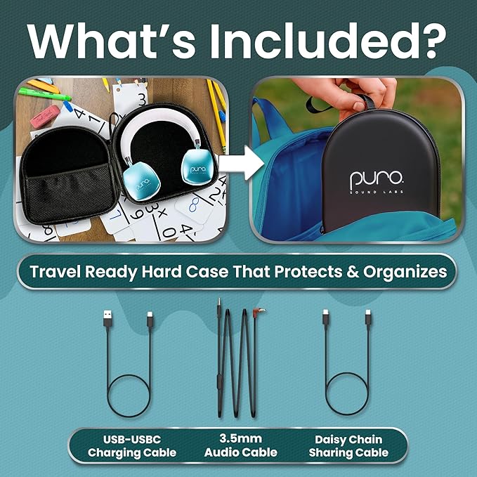 Puro Sound Labs PuroQuiet Plus Noise Cancelling Headphones for Kids, Bluetooth Kids On Ear Headphones with Mic, Lightweight On-Ear Design, Studio-Grade Sound (Teal)