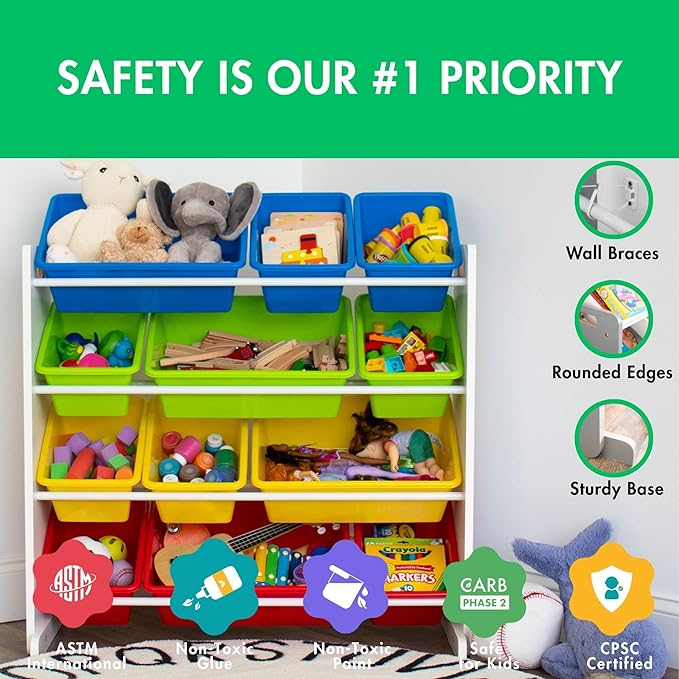 Humble Crew Kids Toy Storage Organizer with 12 Plastic Bins, White/Primary – Removable Bins for Playroom, Bedroom, Toddler Furniture for Boys and Girls Ages