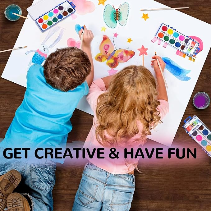12 Color Watercolor Paint for Kids, 12 Pack Washable Water Color, Classroom Set, Woodbrushes Included