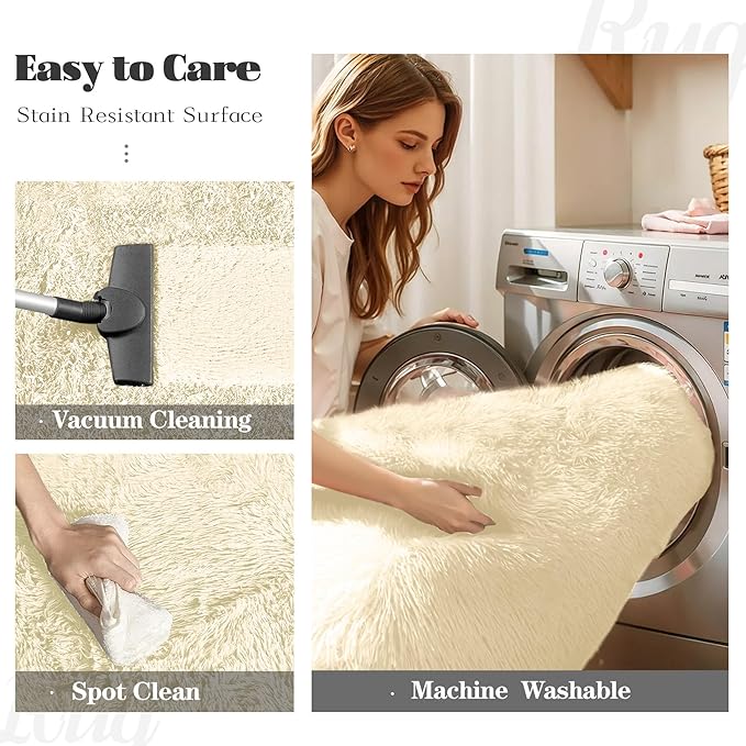 5x7 Area Rug for Living Room: Fluffy Shag Soft Washable Rugs Fuzzy Plush Indoor Carpet for Bedroom Nursery Playroom Dorm Kids Girls Boys Room (Cream White, 5'x7')