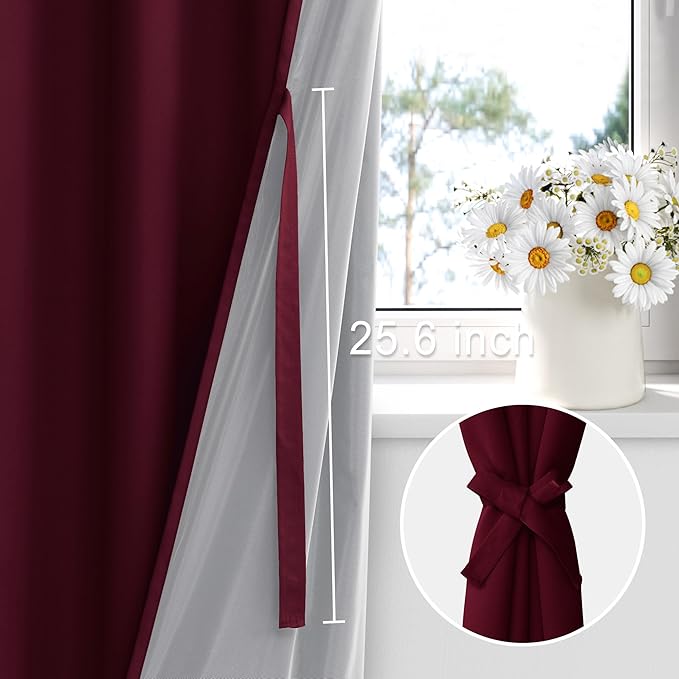 XWZO Full Shading Blackout Curtains 54 Inches Length - Heat and Light Blocking Rod Pocket Window Drapes with Black Liner Backing for Bedroom Sewn with Tiebacks, Burgundy, W42 x L54, Set of 2 Panels