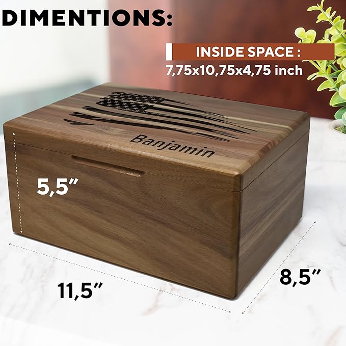 American Flag Box Personalized - Large Keepsake Boxes for Mens, Boys, 5th Wedding Gift Anniversary for Men/Women, Acacia Wood Decorative Chest Memory, Boys Treasure Box, 11.5 x 8.5 x 5.5 in
