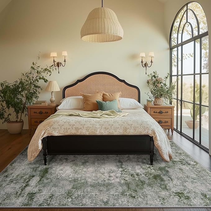 jinchan Washable Area Rug 8x10 for Living Room - Soft Faux Wool Ultra-Thin Stain Resistant Non-Slip Distressed Vintage Floral Large Carpet for Bedroom,Dining Room,Home Office,Nursery(Green, 8'x10')