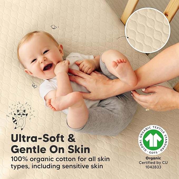 Waterproof Crib Mattress Protector Cover Fitted - 2-Pack Quiet Baby Crib Mattress Pad Sheets, 52" x 28" Soft Quilted Cotton Baby Sheet, Machine Washable, Easy Fit, Durable (Khaki/Mavy)