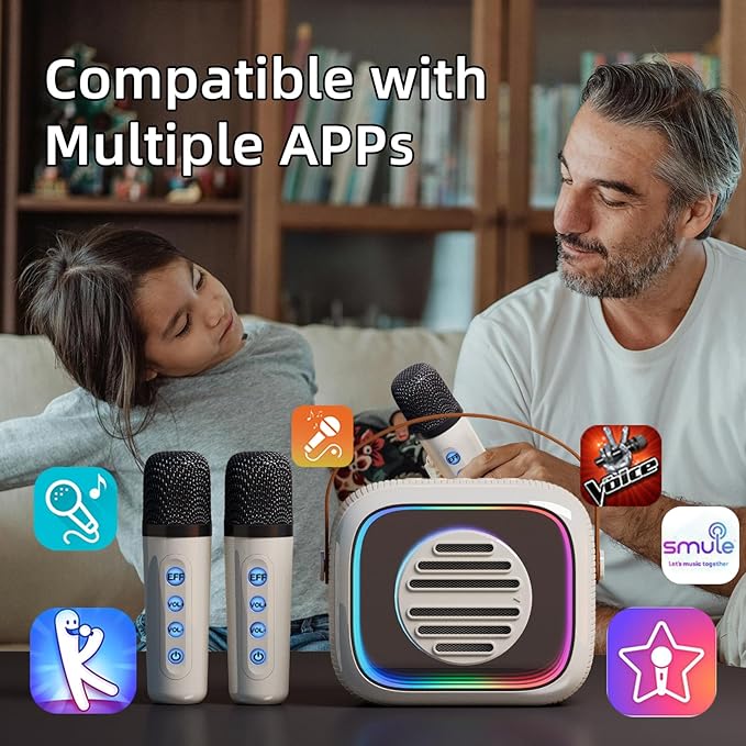 YF93 Mini Karaoke Machine for Kids with Bluetooth Speaker, 7 Voice-Changing Modes, Colorful LED Mirror Lights, TF Card Support, Rechargeable 2200mAh Battery, Portable Singing Gift for Children(Beige)