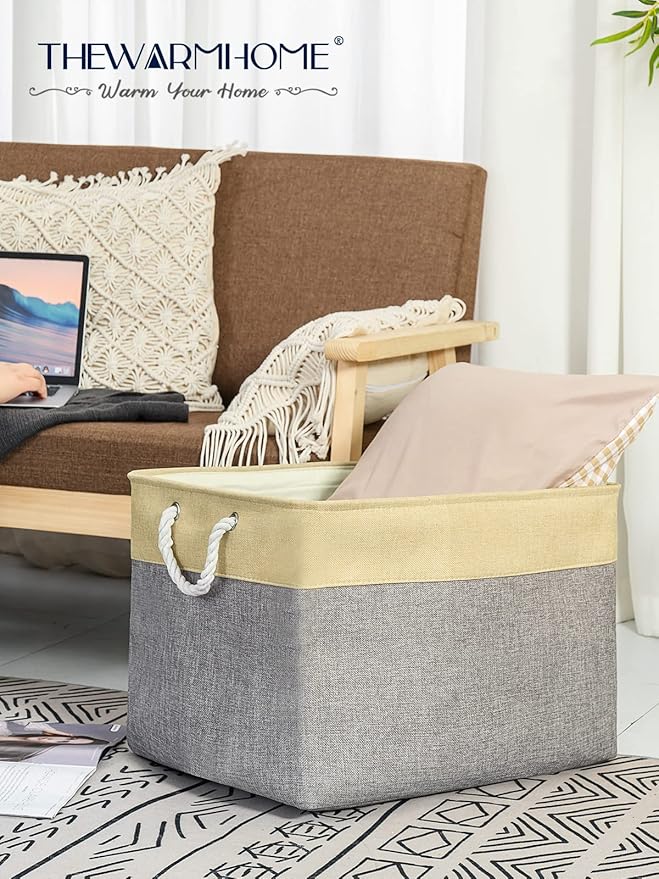TheWarmHome Storage Bins Baskets for Organizing - Extra Jumbo 3 Pack 20.5Lx15.7Wx13.8H Sturdy Fabric Storage Basket for Shelves, Decorative Foldable Closet Nursery Toy (Gold&Grey)