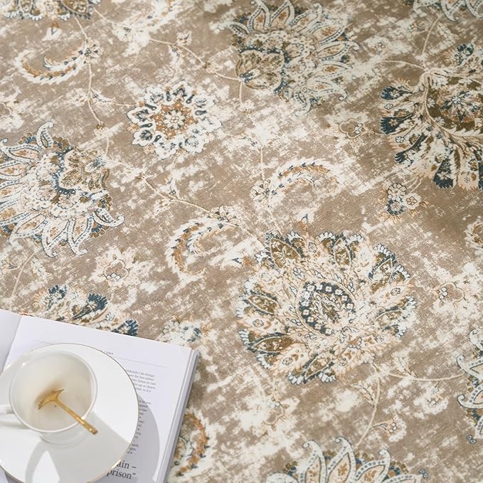 jinchan Round Rug 5ft Area Rug - Indoor Vintage Hallway Circle 5' Washable - Ultra-Thin Low Pile Soft Small Non Slip Distressed Floral Print for Living Room Dining Room Bedroom Entryway Taupe