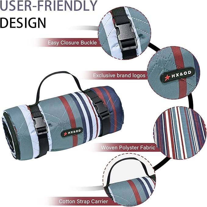 HX&OD Outdoor Picnic Blanket Extra Large, 80''*60'' Waterproof Picnic Mat with Stakes Foldable Camping Blanket Portable with Carry Strap for Beach Mat (Green& White, 80''*60'')