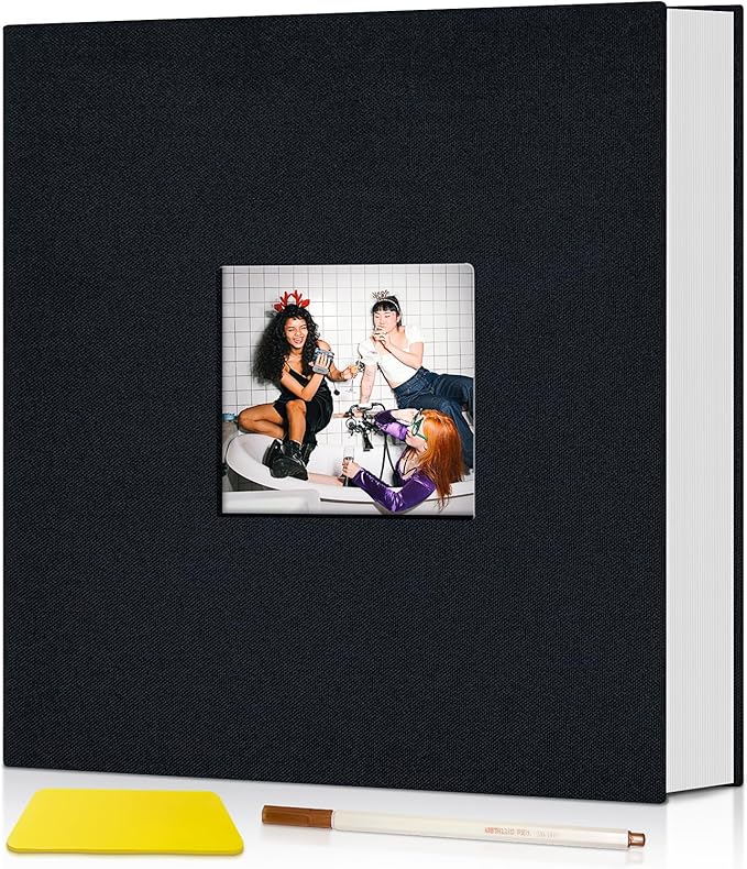 popotop Photo Album Self Adhesive with Picture Display Window,40 Pages DIY Scrapbooking Supplies Kit for 4x6 8x10 Picture,Linen Cover Memory Book for Baby Wedding, with Scraper and Metallic Pen