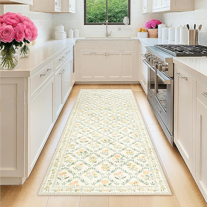 Runner Rug for Entryway: 2x6 Kitchen Rugs Non Slip Washable Ultra-Thin Soft Floral Carpet Indoor Floor Stain Resistant Carpets for Hallway Bedroom Kitchen Laundry Bathroom Dorm Beige/Multi