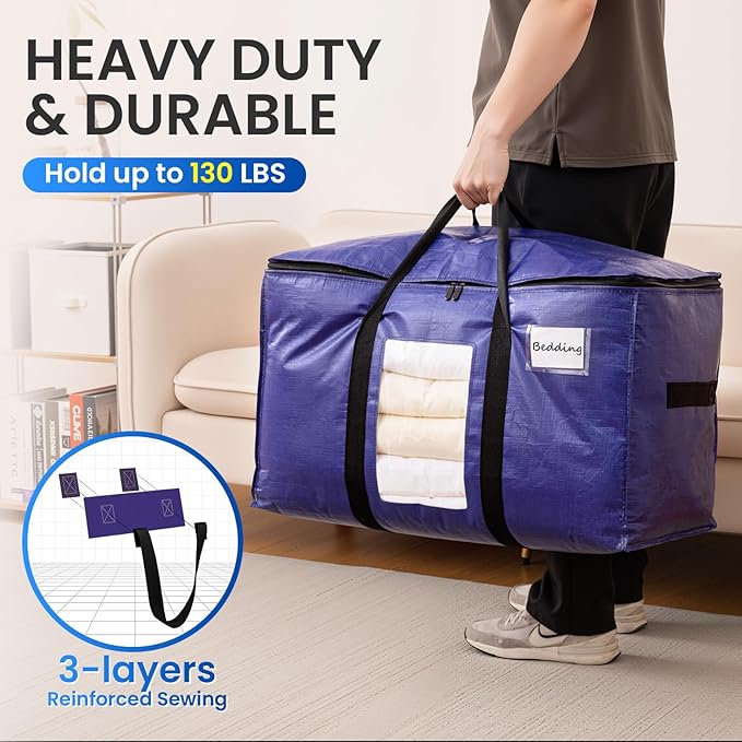 TAILI 12 Pack Dark Blue Extra Large Moving Bags, Heavy Duty Totes with Visible Window, Wrap Around Handles, Great for Space-Saving