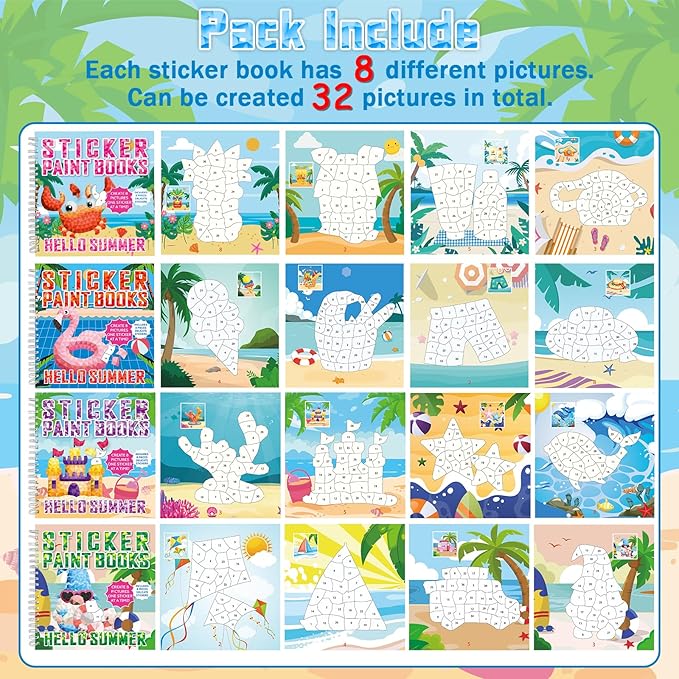 4Pcs Summer Paint by Sticker Books for Kids Ages 4-8 Hello Summer Sticker by Number Books Activity Book for Kids Age 3-5 Puzzle Book Craft Art Toddler Gift with Crab Flamingo Sand Castle 32 Pictures