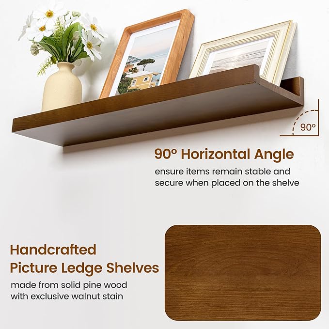 Picture Ledge Wall Shelves 24 inch Width Set of 2, Solid Pine Wood Rustic Floating Ledge Shelves for Wall for Kids' Room Bedroom Kitchen Bathroom Living Room Nursery Display Wall Decor, Walnut