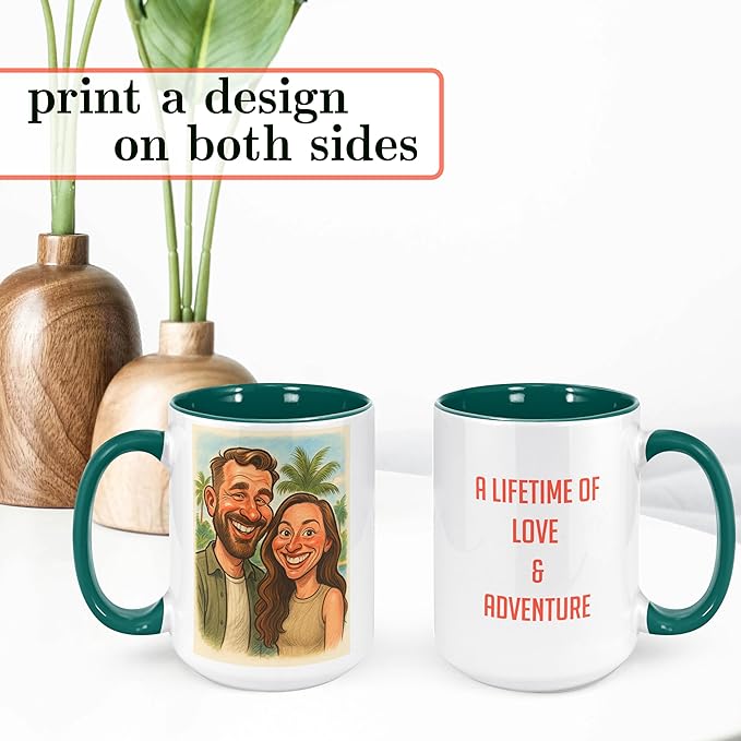 Personalized Coffee Mug, Custom Photo Caricature Gift, Funny Customized Coffee Gift for Men & Women, Custom Mugs with Pictures, Green 15oz Father's Day Mug