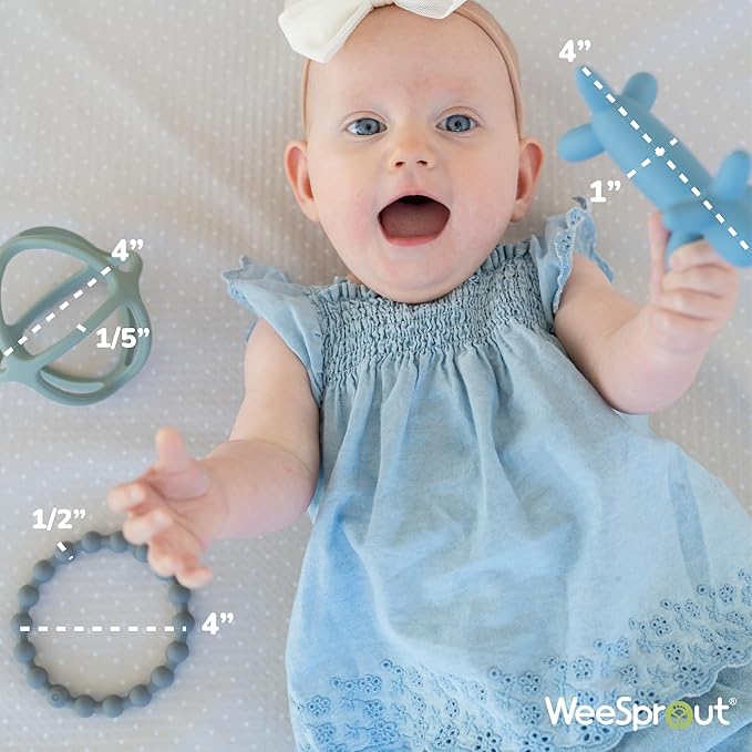 WeeSprout Silicone Baby Teether Toys for Infant Babies and Toddlers, Cute Ring, Puppy Dog, and Ball, Soft and Flexible, BPA Free, Boys and Girls (Bright Green, Purple & Blue)