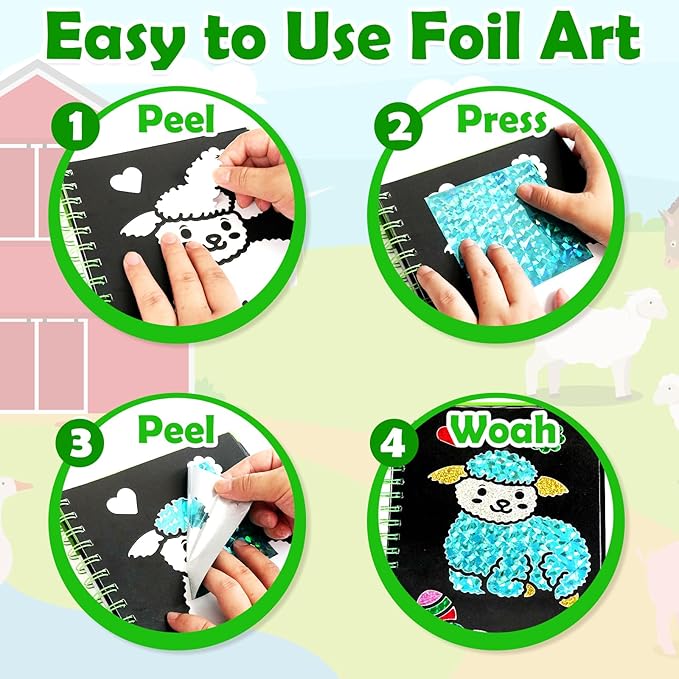 FUNNYB&G Foil Art Craft Activity for Kids - Gift for Girls Boys Crafts for Kids Fun Art Supplies DIY Creative Travel Toy, Birthday Gift Party Favor Toys for Girls Boys 4 5 6 7 8 9 Years Old(Farm)