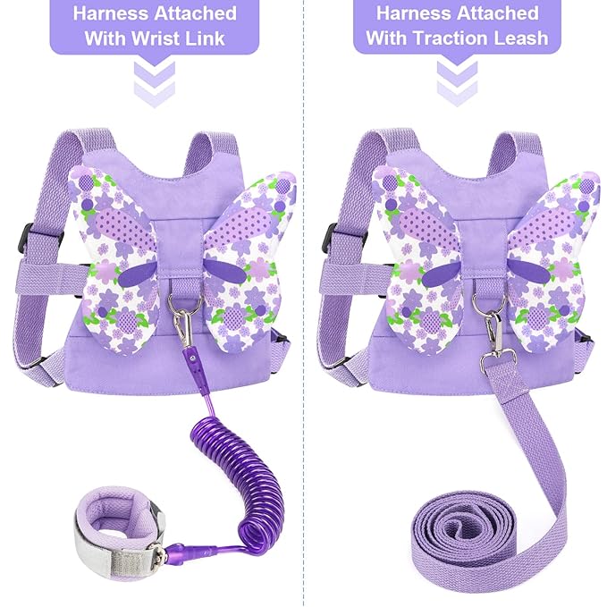 Accmor Toddler Harness Leash + Anti Lost Wrist Link, Kids Butterfly Harnesses With Children Leashes, Cute Baby Leash Walking Assistant Wristband Strap Tether for Girls Outdoor (Purple)