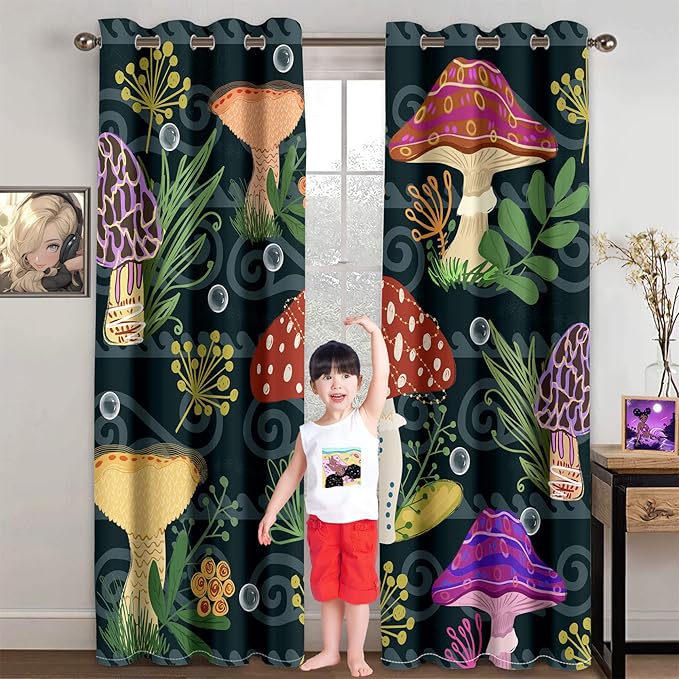 Mushrooms Curtain Panels for Kids Room 2Pcs, Green Cartoon Blackout Curtains 84 inch Length for Kids Bedroom Nursery Room Grommet Top Thermal Insulated Curtains, Dinosaur Print, 82" x 84"