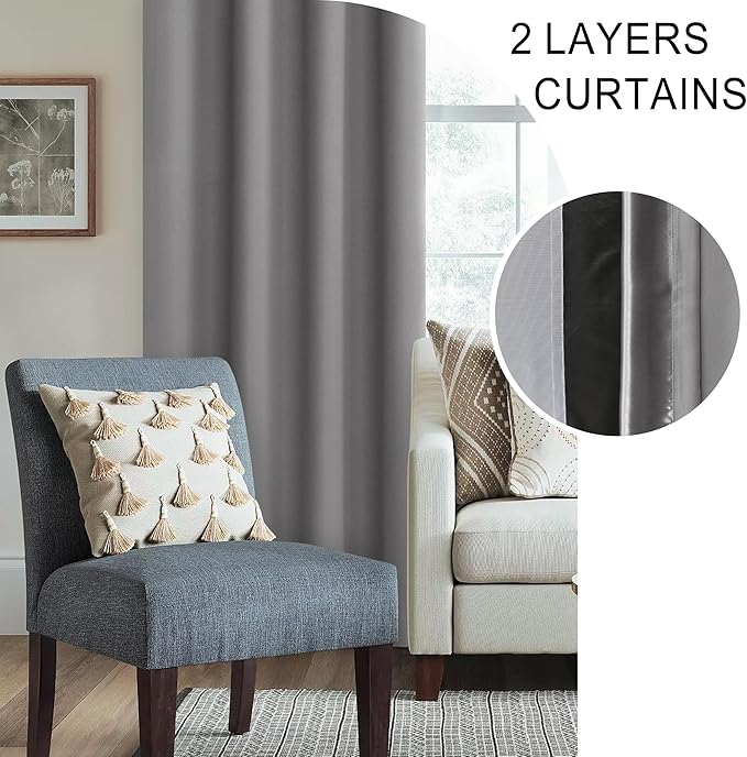XWZO 100% Blackout Curtain Panels - Rod Pocket Thermal Insulated Black Liner, Noise Reducing and Heat Blocking Drapes for Hall and Studio Windows with Tiebacks, Grey, W52 x L95, Set of 2