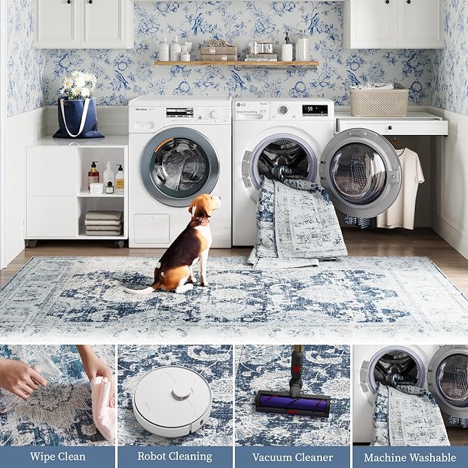 jinchan Round Rug 4ft Area Rugs Vintage Floral Distressed Design - Machine Washable Non-Slip Low-Pile Ultra-Thin Circle Rug for Entryway Bedside Living Room Dining Room Bedroom (4' Round,Dark Blue)