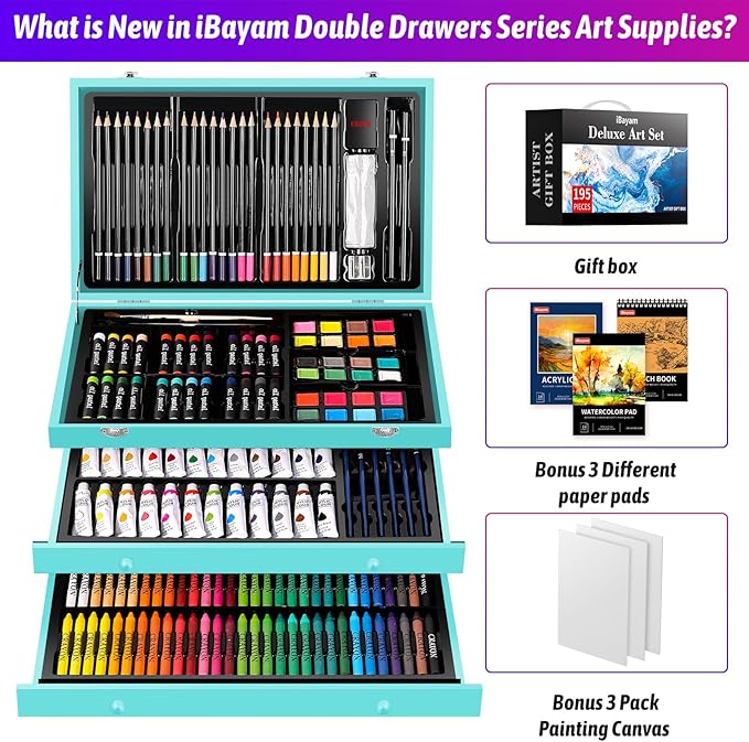 iBayam Arts and Crafts Kits for Kids Teens Girls Boys Adult, 195-Pack Deluxe Art Set Box with 3 PCS Drawing Pads, Canvases, Acrylic Painting, Drawing & Art Supplies for Pumpkin, Halloween, Christmas