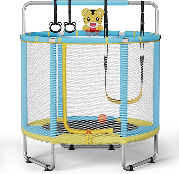 55” Trampoline for Kids, Powder-Coated Mini Trampoline for Toddlers, Indoor Outdoor Toys with Adjustable Gymnastics Bar, Swing, Basketball Hoop, Birthday Gifts for Boys & Girls Ages 1-8