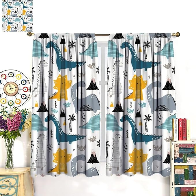Kids Dinosaur Curtains for Boys Girls Bedroom Decor Cartoon Dino Colorful Cute Funny Wildlife Animal Printed Blackout Rod Pocket Window Drapes for Baby Nursery Playroom Living Room W26xL84in 2 Panels