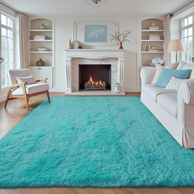 8x10 Area Rug for Living Room: Fluffy Shag Soft Washable Rugs Large Fuzzy Plush Indoor Carpet for Bedroom Nursery Playroom Kids Girls Boys Room (Teal Blue, 8'x10')