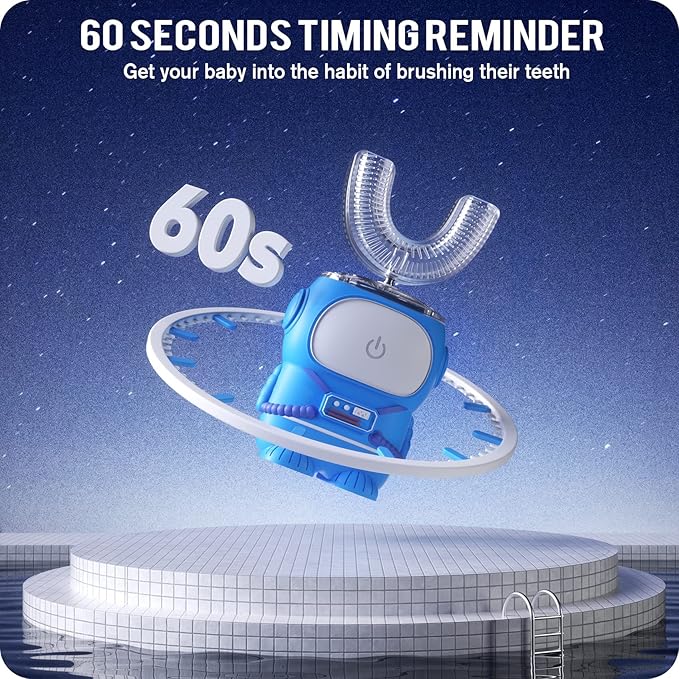 Ultrasonic Kid's U-Shaped Electric Toothbrush, IPX7 Waterproof, Five Cleaning Modes, 60S Smart Reminder (Cartoon Astronaut,Blue Ages 2-6)