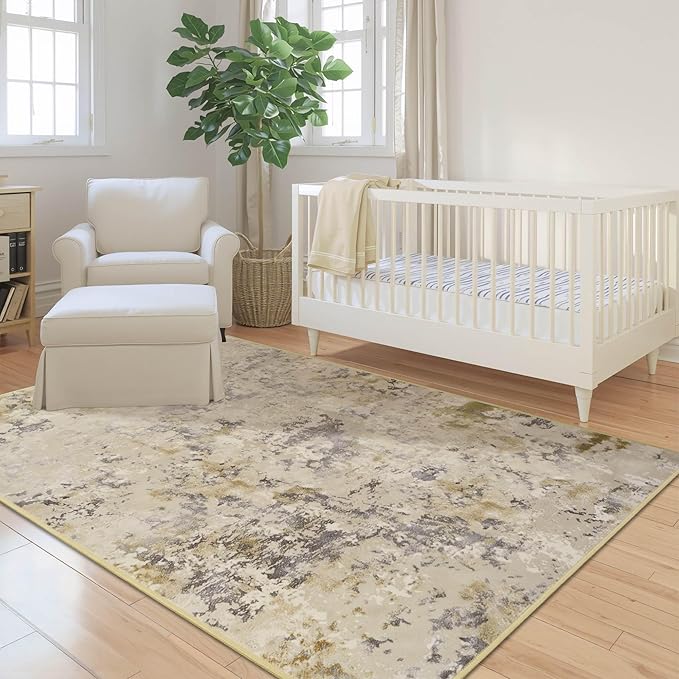 Living Room Rugs 6x9 Beige Washable Area Rug, Abstract Modern Bedroom Rugs Non Slip Stain Resistant Neutral Large Carpet for Nursery, Dining, Kids Playroom, Dining Room, Office