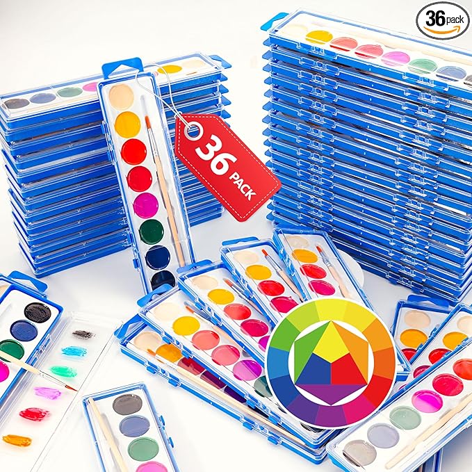 36 Pack Watercolor Paint Set for Kids - 8 Washable,Bright Colors with Paintbrush Watercolor Paint Bulk for Kids Party Favors,Classrooms Supplies,Art Lessons
