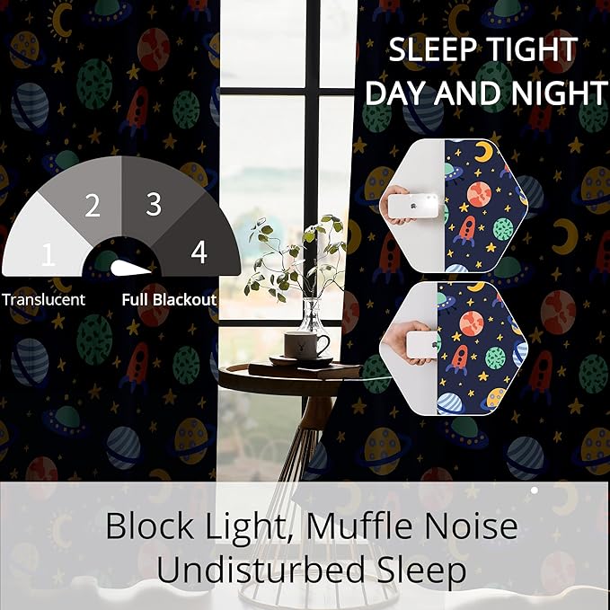 Kids Space Rockets Blackout Curtains - 100% Blackout, Thermal Insulated, Noise Reducing, Perfect for Kids Room and Nursery, 2 Panels (Color Pop Rockets, W52×L63)